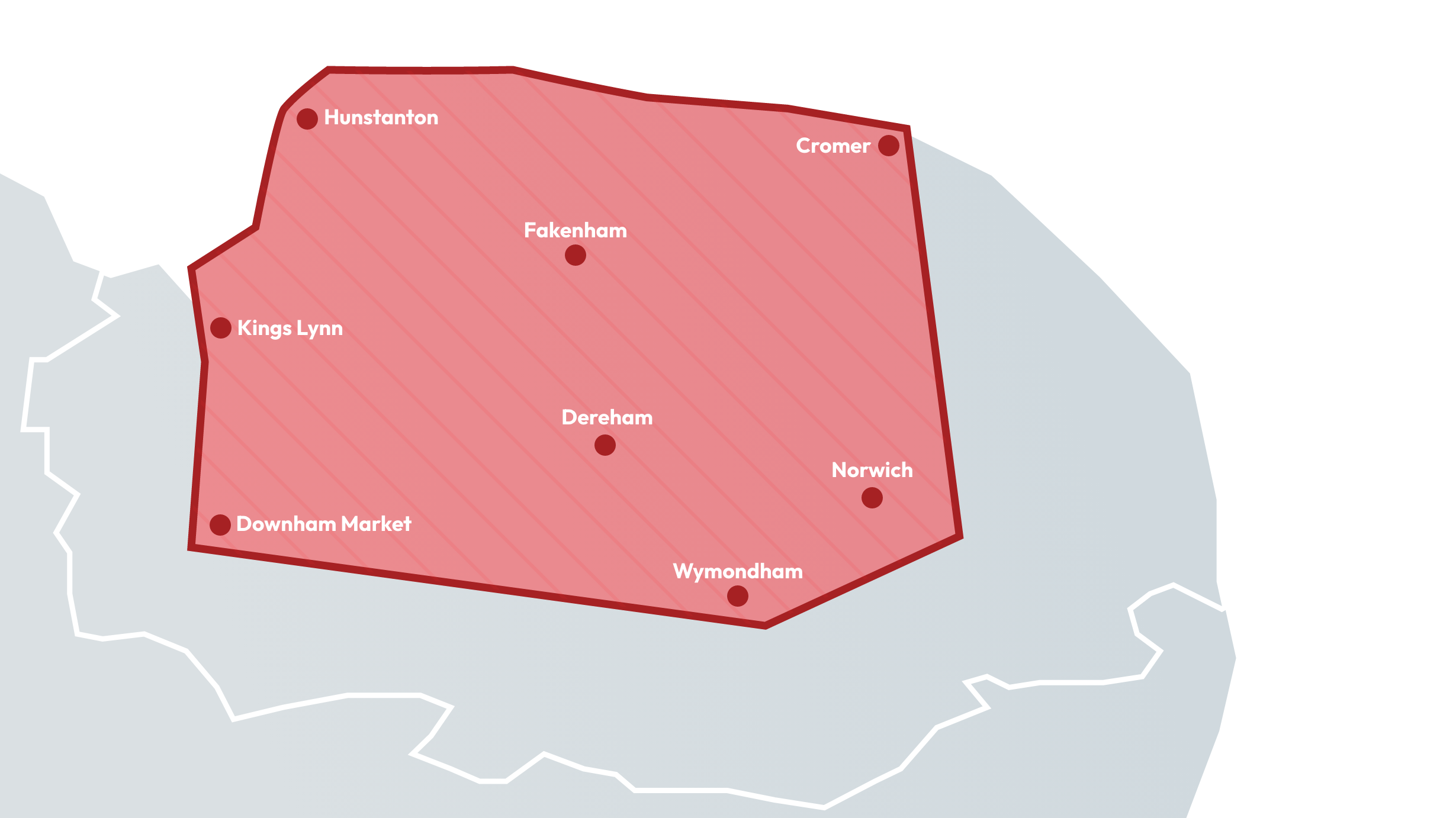 map showing catchment area across Norfolk including Norwich, Wymondham, Fakenham, Dereham, King's Lynn