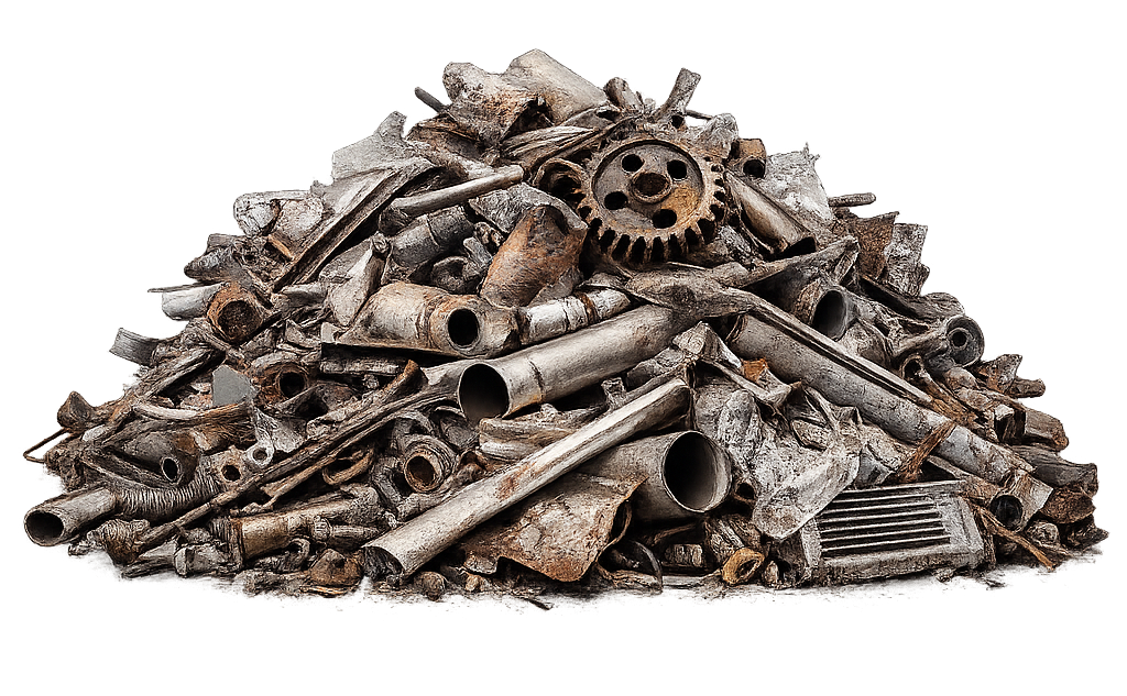 pile of metal waste including piping and radiators