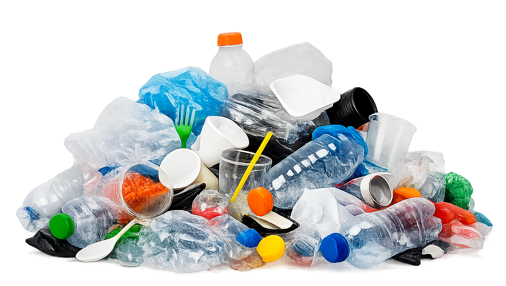 pile of plastic waste including water bottles, cups and forks